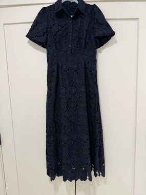 Navy Blue Lace Midi Dress Collared Button Front Size M NWOT